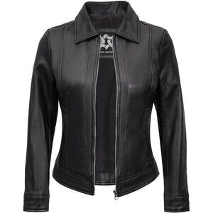Women's Real Lambskin Outwear Jackets Stylish Turn Down Collar Black Leather